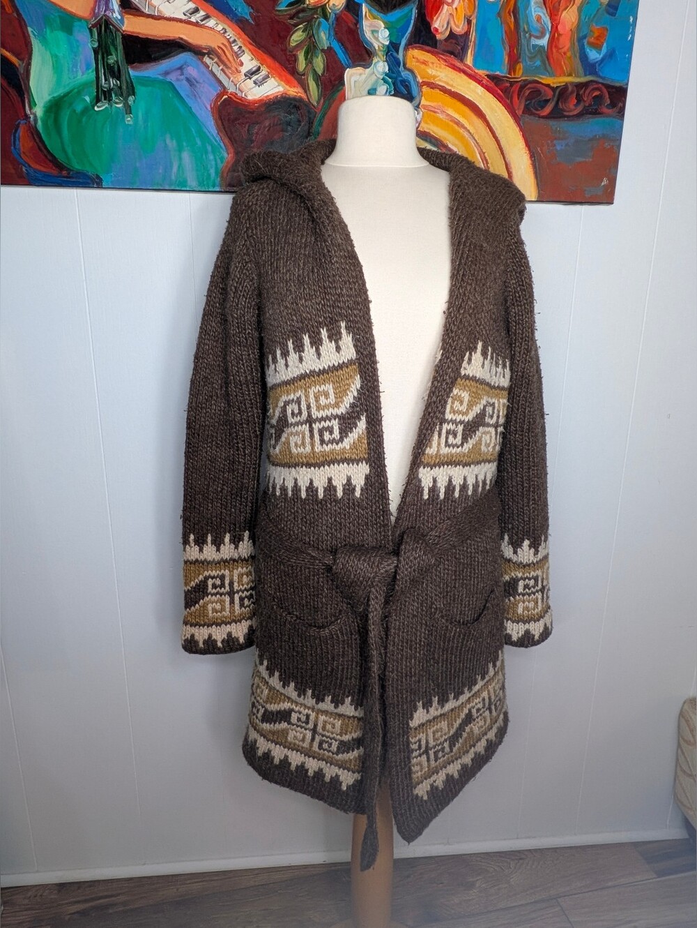 Womens Brown Cream Geometric Hooded Handmade Belted Wool Knit Cardigan Sweater M
